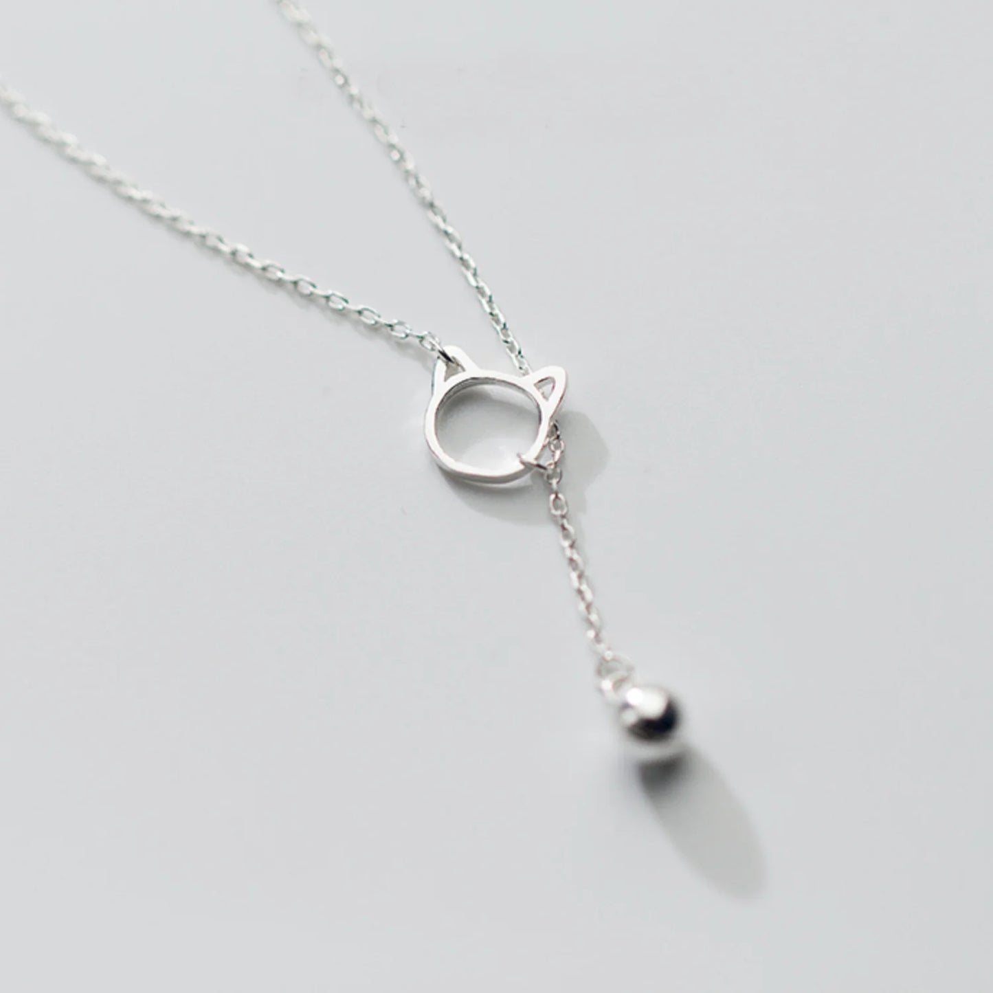 Cat Necklace with Hanging Bell Charm in Solid 925 Sterling Silver