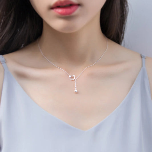 Cat Necklace with Hanging Bell Charm in Solid 925 Sterling Silver