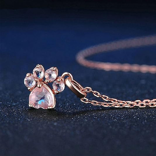 Natural Rose Quartz Cat Paw Necklace (Solid 925 Sterling Silver, 14K Rose Gold Plated)