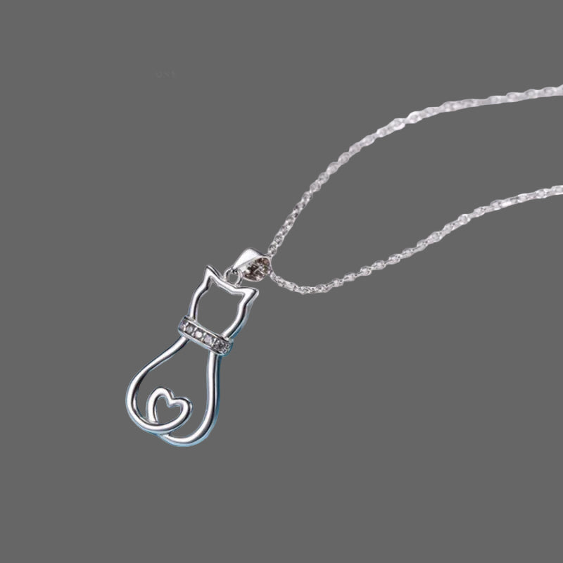Doodle Cat with CZ Collar Necklace in Solid 925 Sterling Silver (18K Gold Plated)