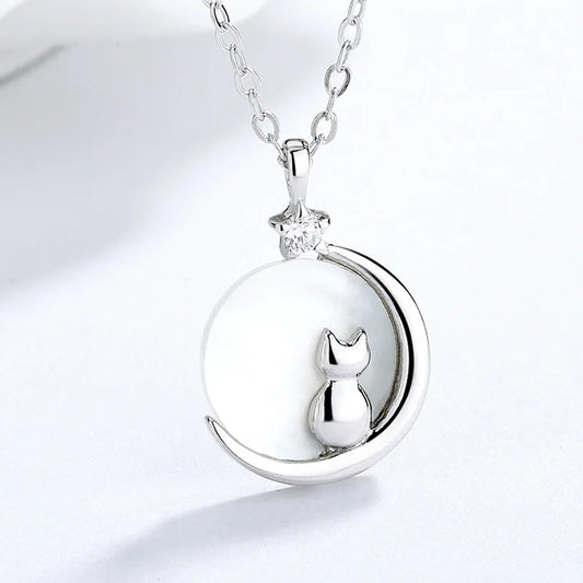 Mother-of-Pearl Moon Kitty Necklace in Solid 925 Sterling Silver(Platinum or Gold Plated)