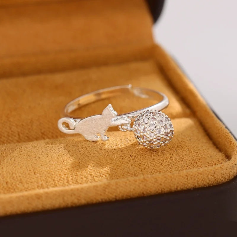 Playful Cat Ring in Solid 924 Sterling Silver - Adjustable