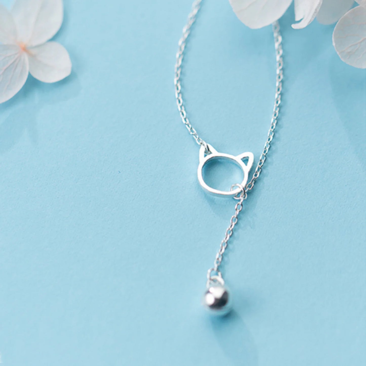 Cat Necklace with Hanging Bell Charm in Solid 925 Sterling Silver