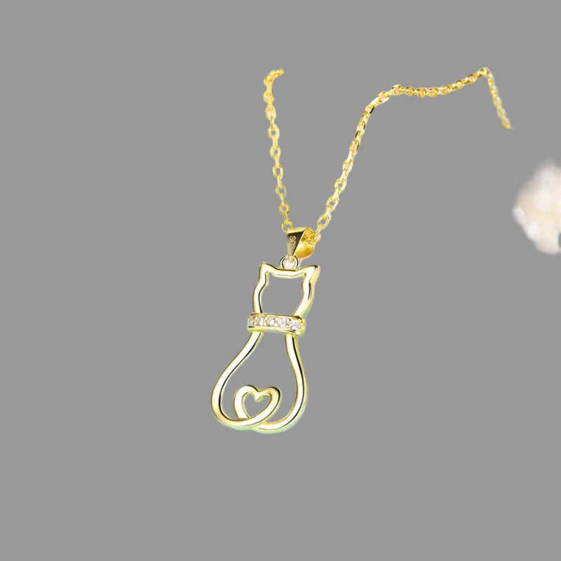 Doodle Cat with CZ Collar Necklace in Solid 925 Sterling Silver (18K Gold Plated)