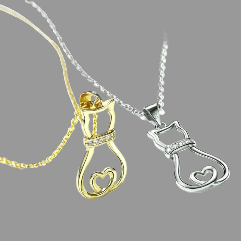 Doodle Cat with CZ Collar Necklace in Solid 925 Sterling Silver (18K Gold Plated)