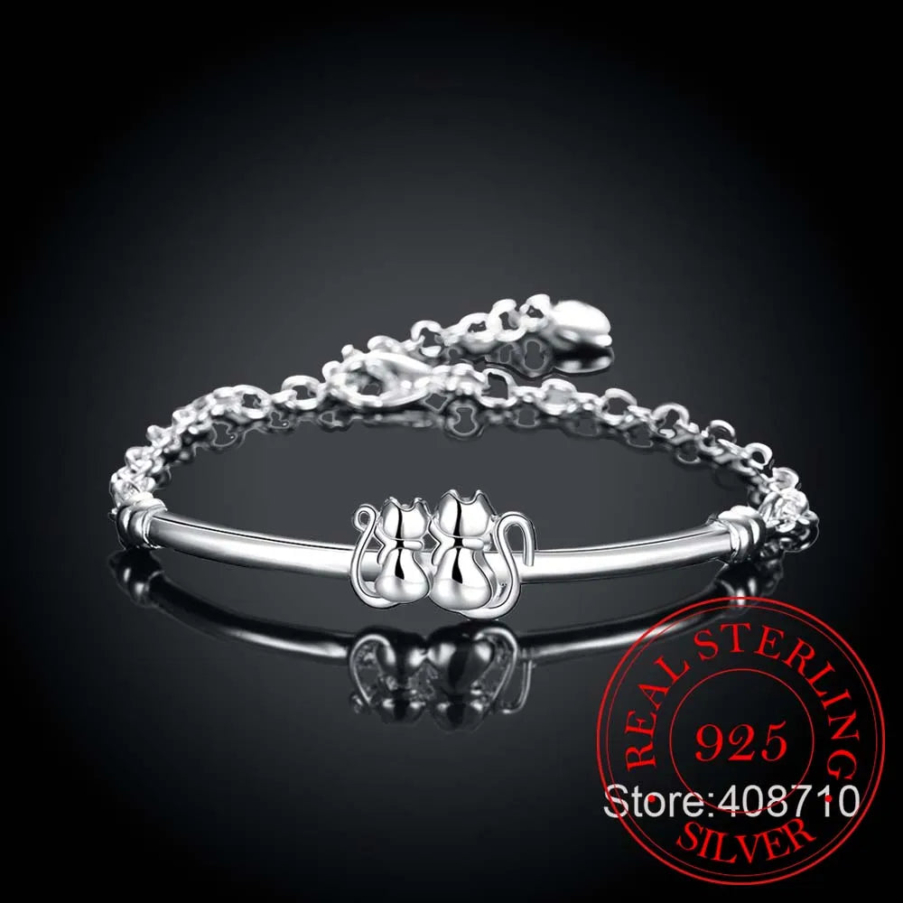 Cat Couple Bracelet in Solid 925 Sterling Silver