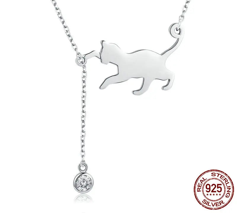 Playful Cat Necklace in Solid 925 Sterling Silver and Zircon