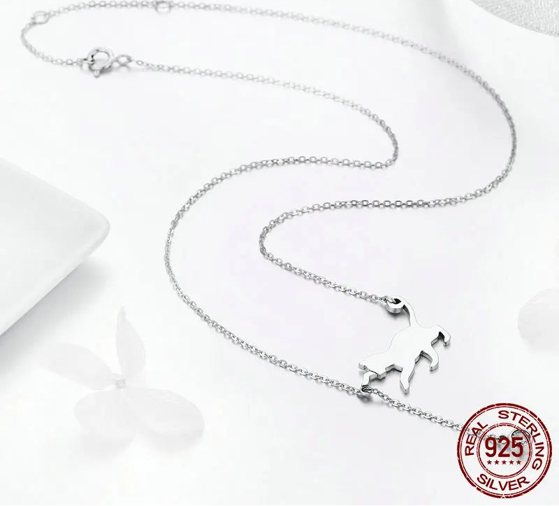 Playful Cat Necklace in Solid 925 Sterling Silver and Zircon