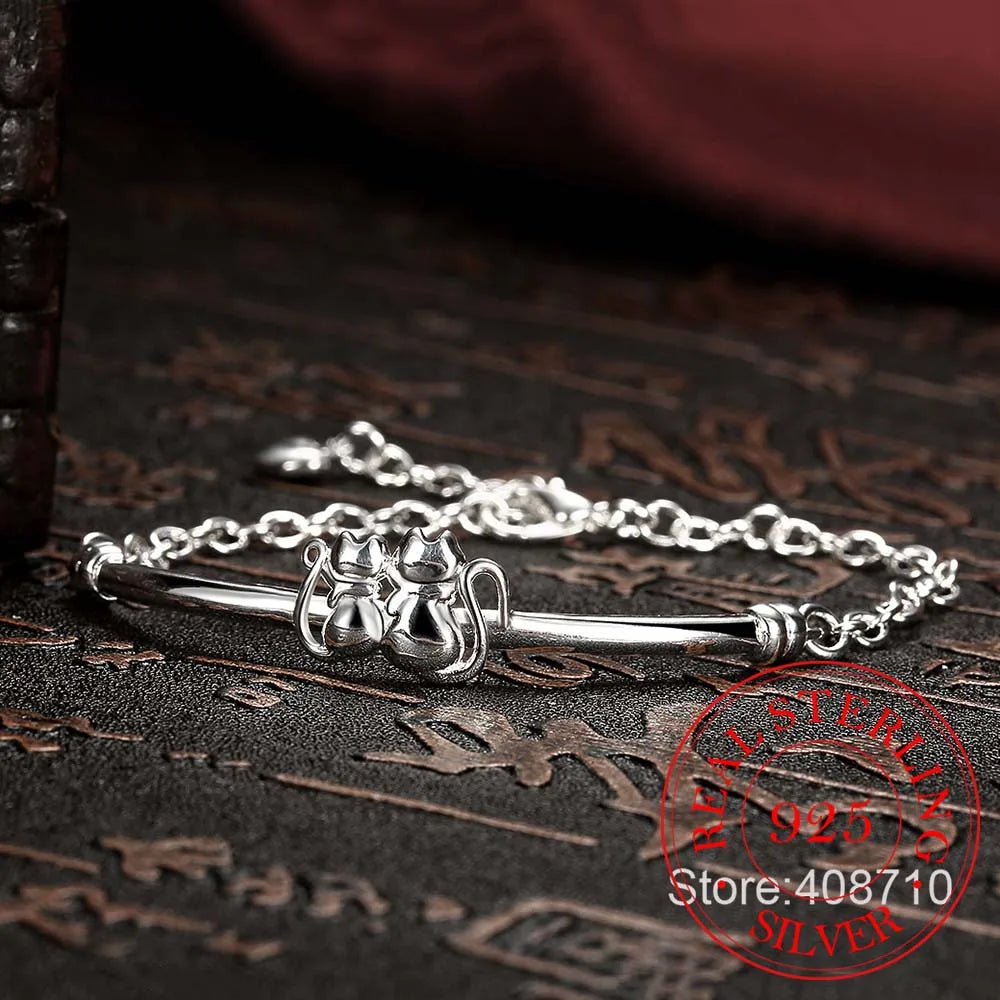 Cat Couple Bracelet in Solid 925 Sterling Silver