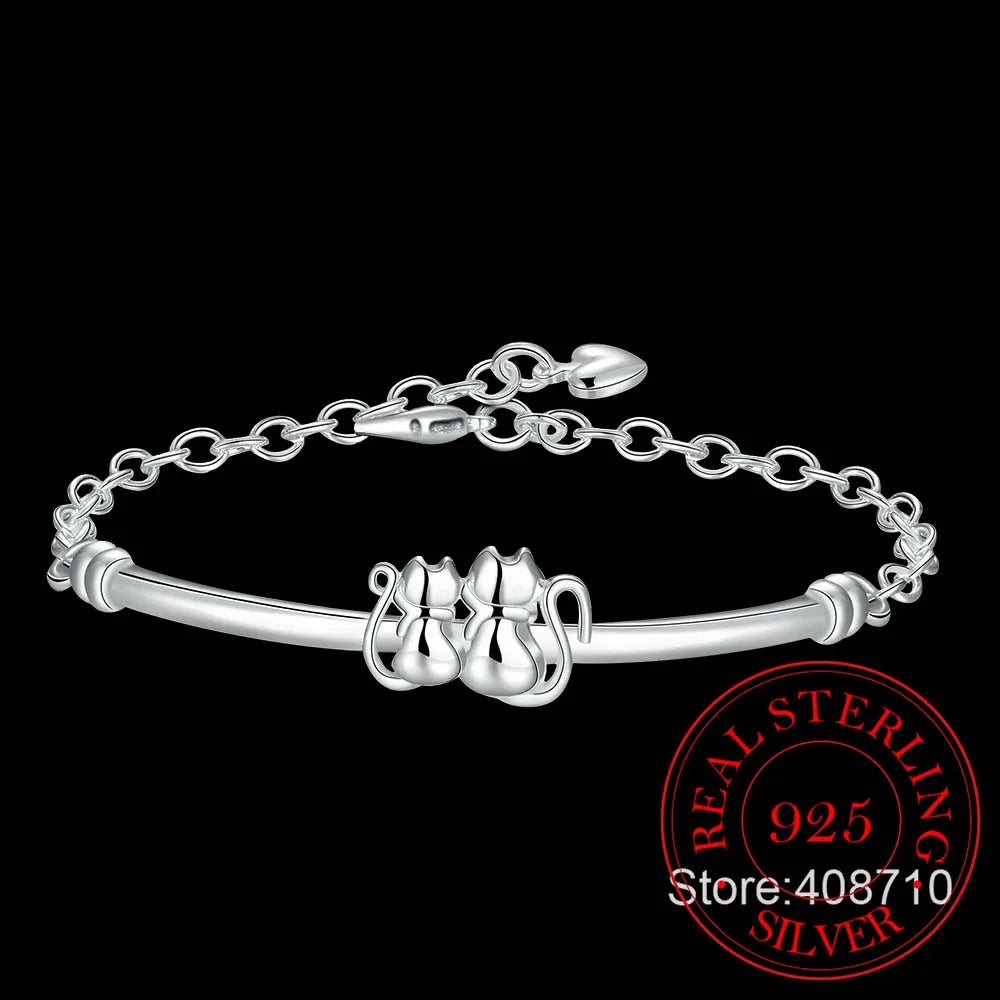 Cat Couple Bracelet in Solid 925 Sterling Silver