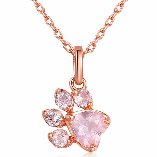 Natural Rose Quartz Cat Paw Necklace (Solid 925 Sterling Silver, 14K Rose Gold Plated)