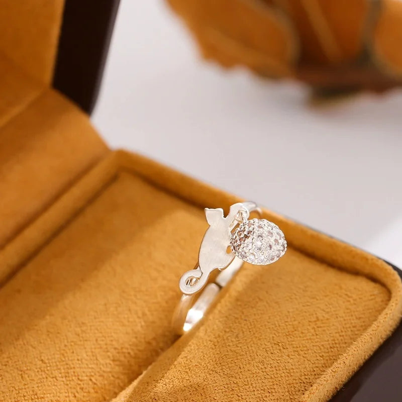 Playful Cat Ring in Solid 924 Sterling Silver - Adjustable