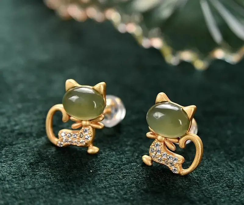 Natural Jade Bow Cat CZ Stud Earrings in Solid 925 Sterling Silver