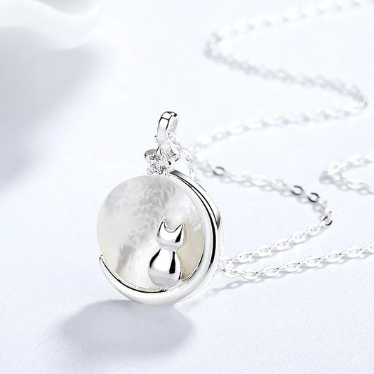 Mother-of-Pearl Moon Kitty Necklace in Solid 925 Sterling Silver(Platinum or Gold Plated)