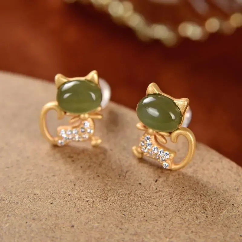 Natural Jade Bow Cat CZ Stud Earrings in Solid 925 Sterling Silver