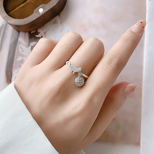 Playful Cat Ring in Solid 924 Sterling Silver - Adjustable