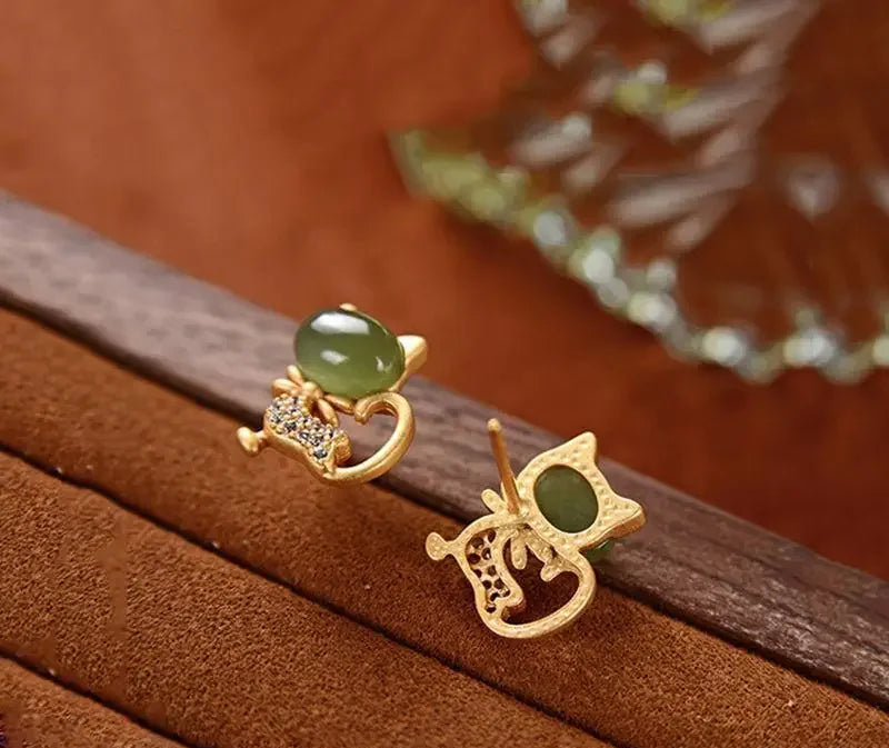 Natural Jade Bow Cat CZ Stud Earrings in Solid 925 Sterling Silver
