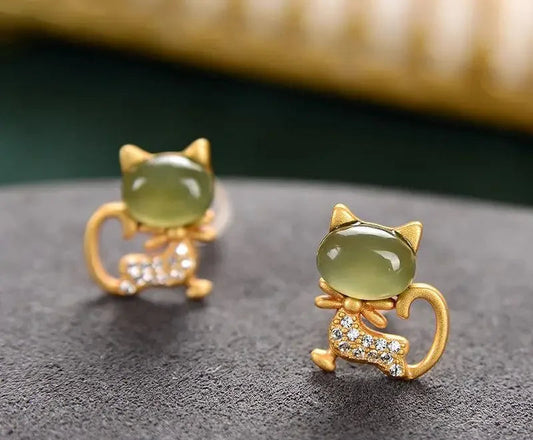 Natural Jade Bow Cat CZ Stud Earrings in Solid 925 Sterling Silver