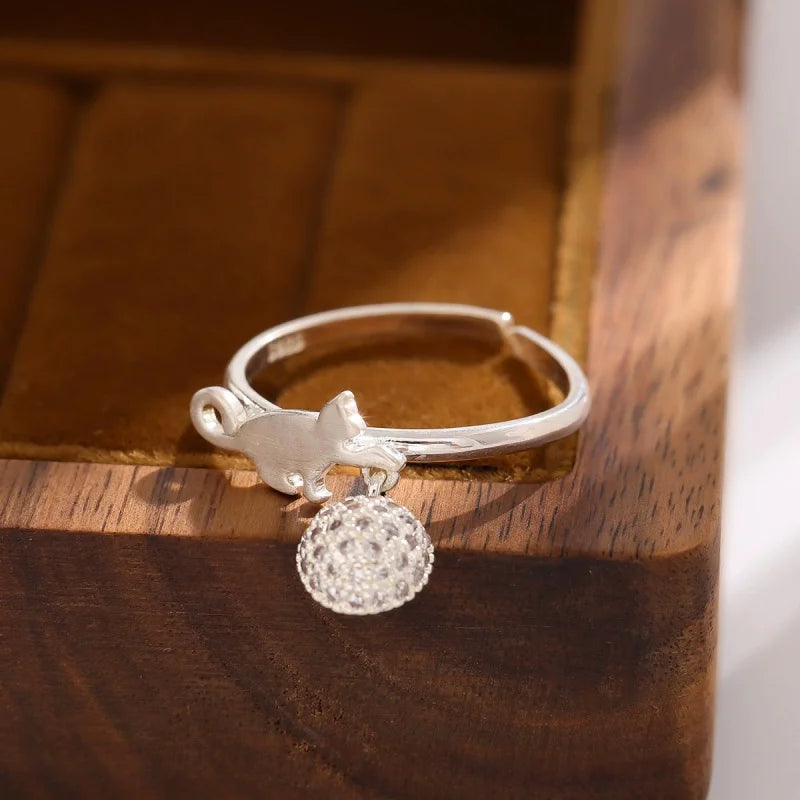 Playful Cat Ring in Solid 924 Sterling Silver - Adjustable
