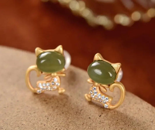 Natural Jade Bow Cat CZ Stud Earrings in Solid 925 Sterling Silver