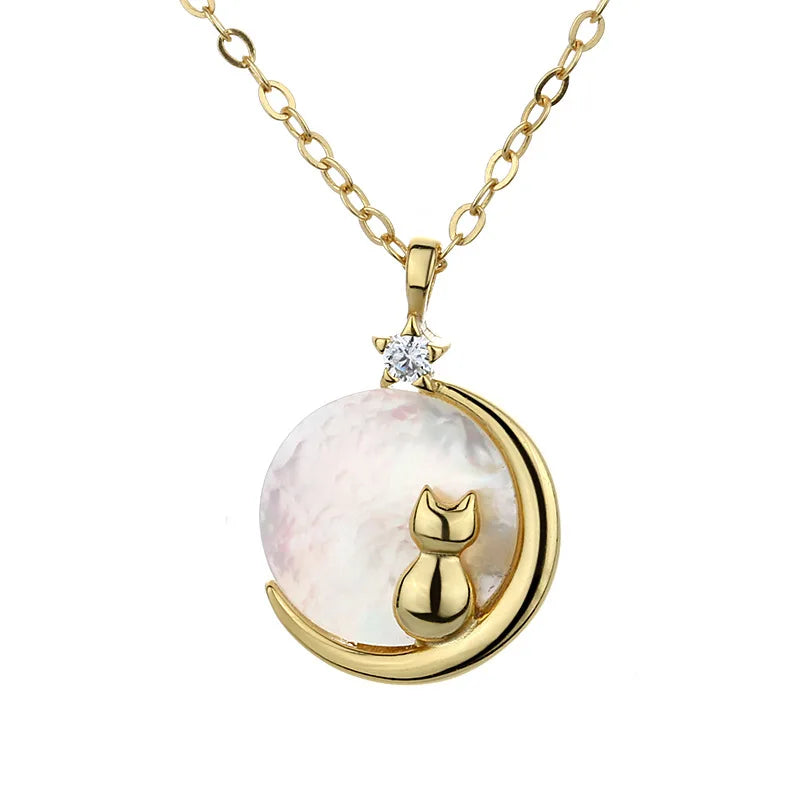 Mother-of-Pearl Moon Kitty Necklace in Solid 925 Sterling Silver(Platinum or Gold Plated)