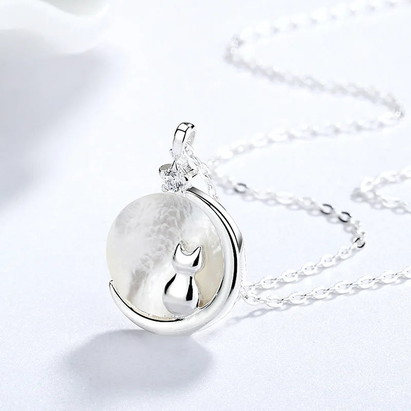 Mother-of-Pearl Moon Kitty Necklace in Solid 925 Sterling Silver(Platinum or Gold Plated)