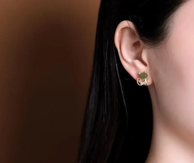 Natural Jade Bow Cat CZ Stud Earrings in Solid 925 Sterling Silver