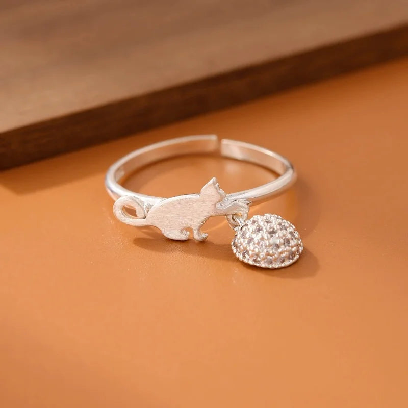 Playful Cat Ring in Solid 924 Sterling Silver - Adjustable