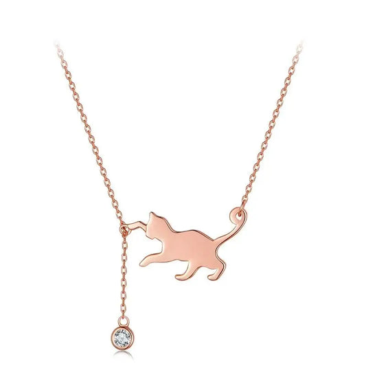 Playful Cat Necklace in Solid 925 Sterling Silver and Zircon